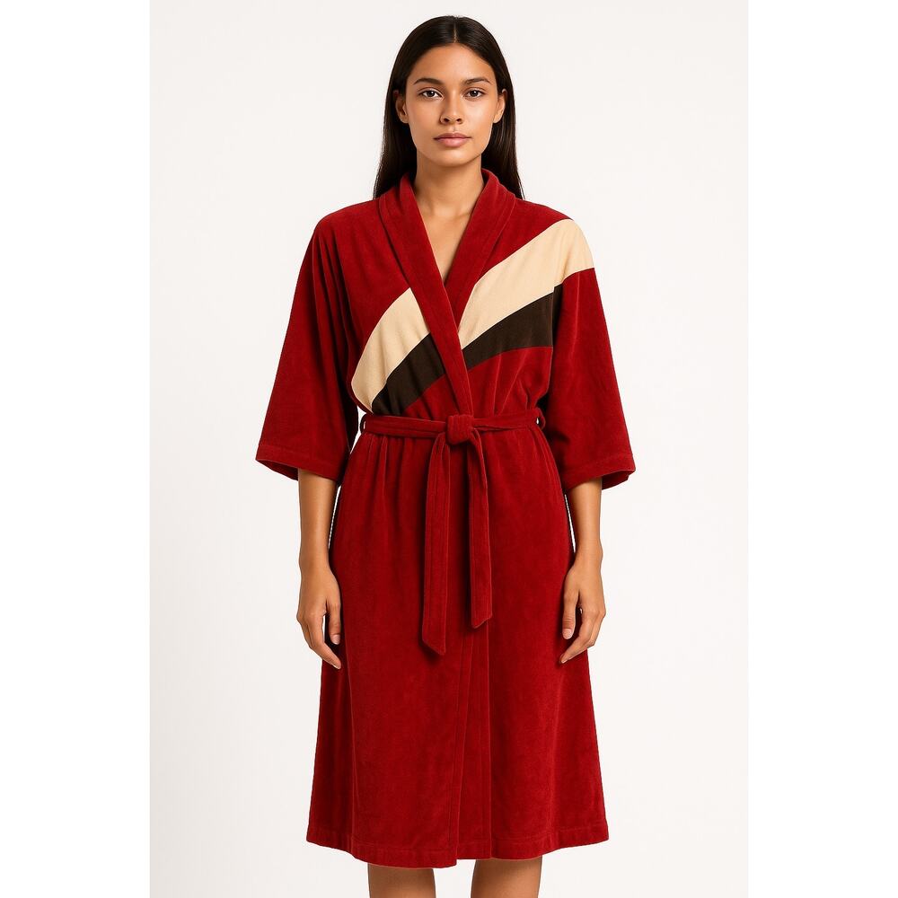Vintage Red Colorblock Velour Kimono Robe Dress with Belt M -L